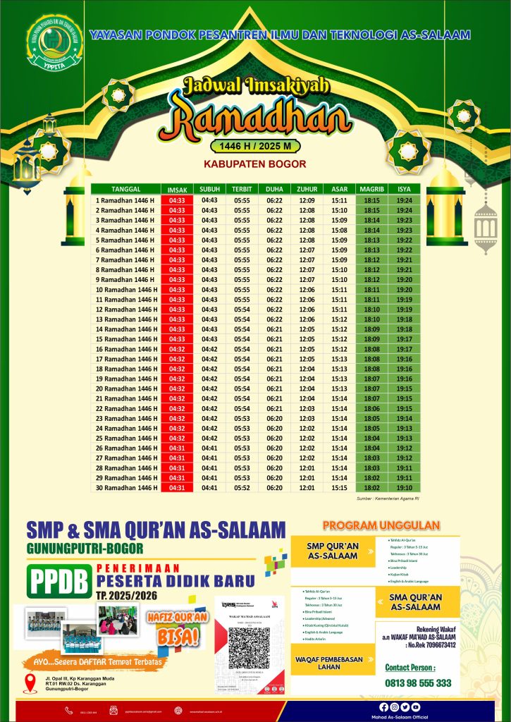 Jadwal Imsakiyyah 1445 H - Mahad As-Salaam Litahfidzil Quran